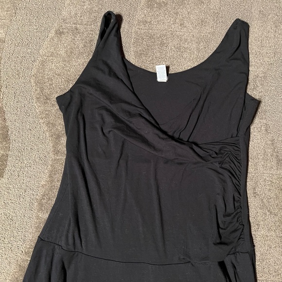 GAP Stretch Plain Solid Black Mock Wrap Wide Strap Tank Midi Dress Flowy Flares - Picture 5 of 9